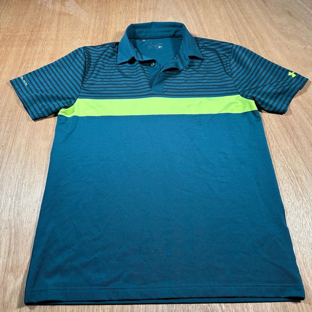 Under Armour Polo Shirt Mens XL Green Striped Coldblack Golf Performance Active
